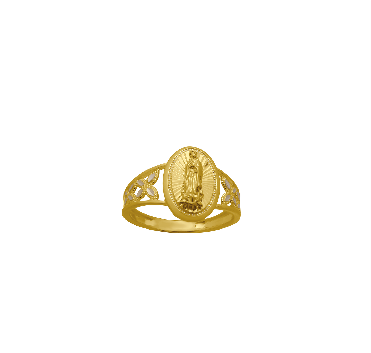 14K Gold Virgen Mary Ring with Floral Accents