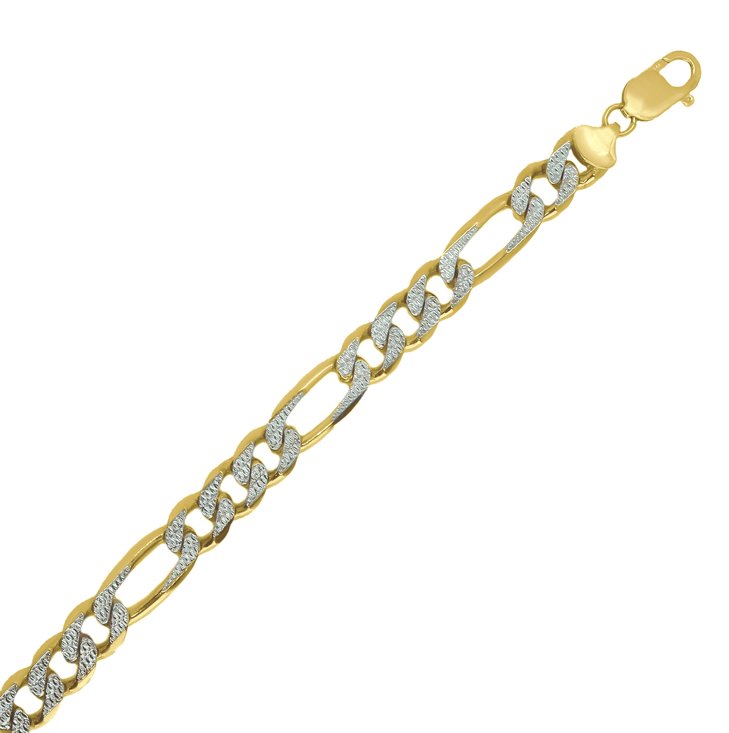 25" Solid Figaro White Pave Chain Necklace 14K Two-Tone Gold, 10 mm Gauge