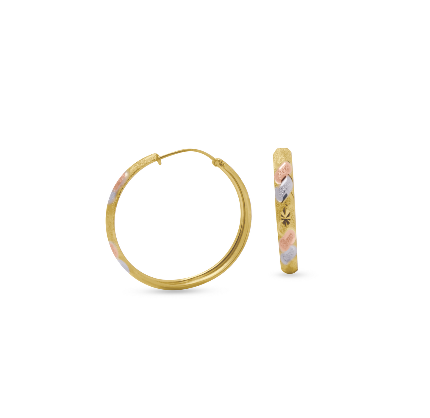 14K Gold Tri-Color Diamond Cut Pattern Hoop Earrings