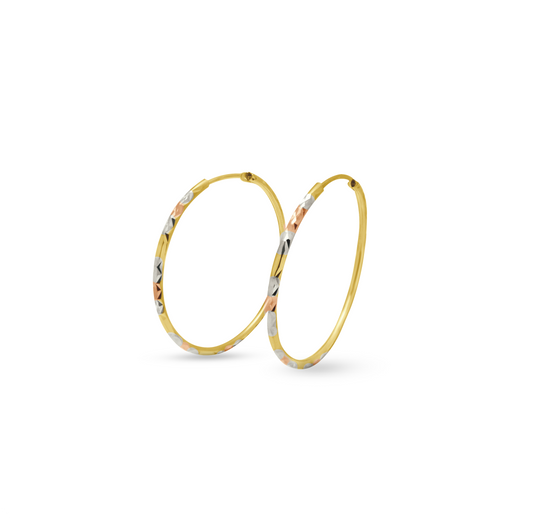 14K Gold Tri-Color Diamond Cut Hoop Earrings