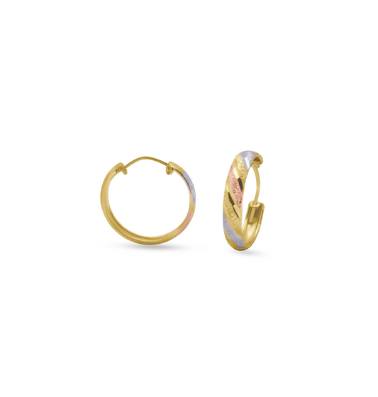 14K Gold Tri-Color Slant Striped Hoop Earrings